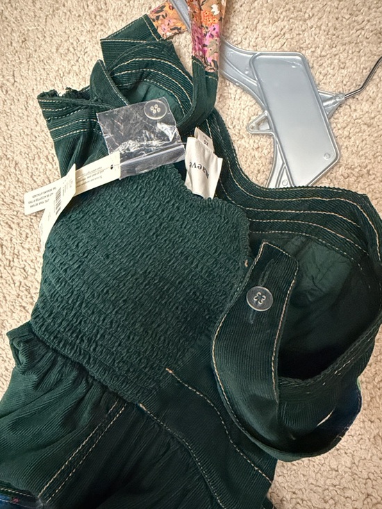 Maeve Dark Green Corduroy Midi Dress with Floral Patchwork Maeve Dark Green Corduroy Midi Dress with Floral Patchwork